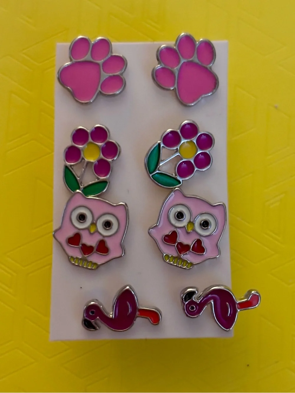 Kids Pink Owl, Paw & Flower Stud Earring Set Hypoallergenic